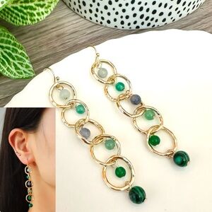 2/$30🌵 Gold Hammered Circle Green Blue Beads Earrings Dainty Boho Jewelry NEW